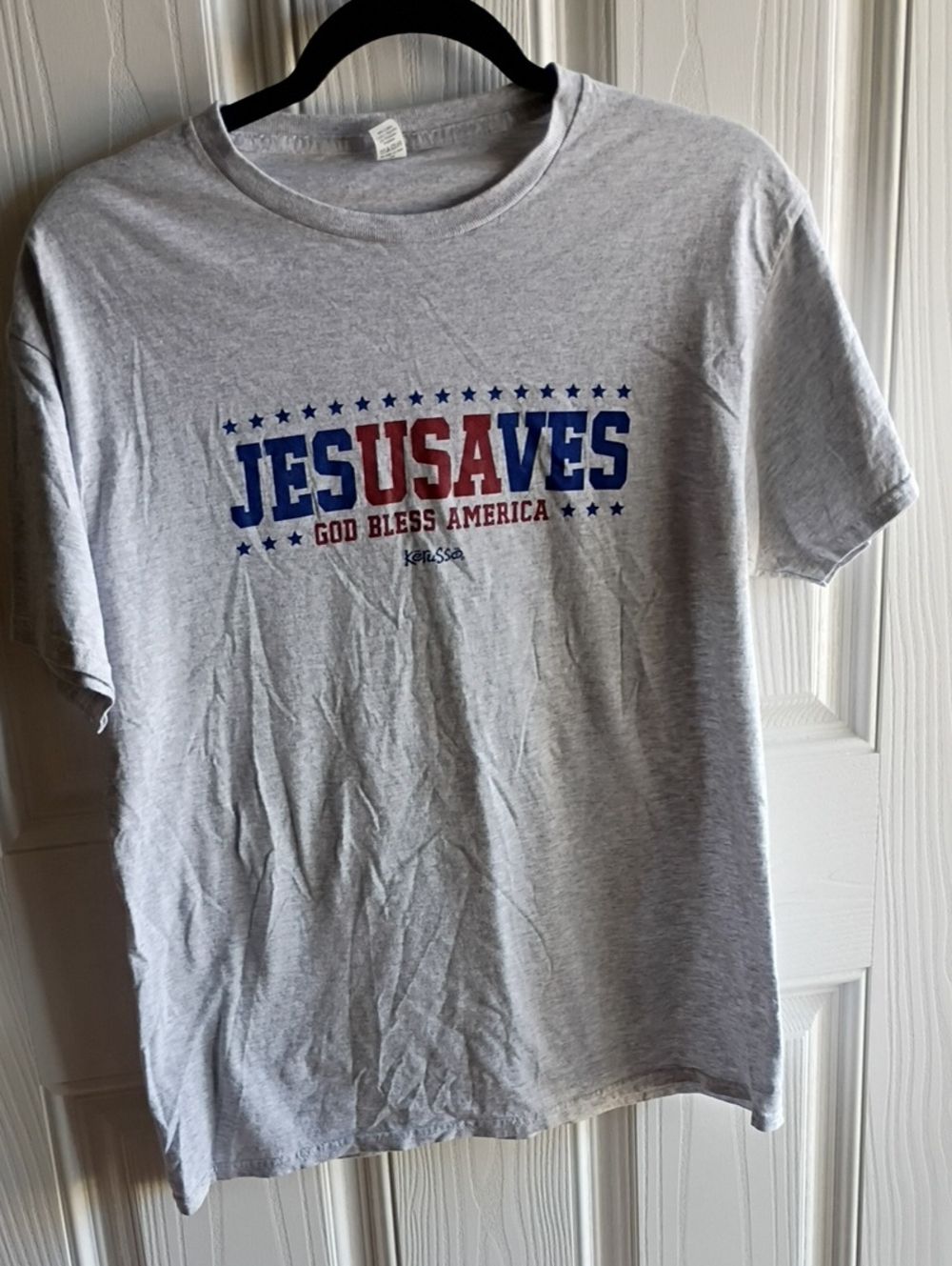 Russ Gray Short Sleeve 'JESUS SAVES' Graphic Tee - Gray with Red & Blue Print